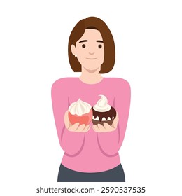 Woman holds two delicious cupcakes with whipped cream topping. Flat vector illustration isolated on white background