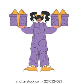 A woman holds two gifts in her hands. The concept of the holiday and gifts. Bright character in the style of the 80s and 90s.
