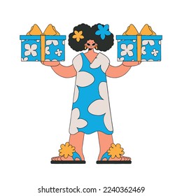 A woman holds two gifts in her hands. The concept of the holiday and gifts. Character in the style of the 90s.