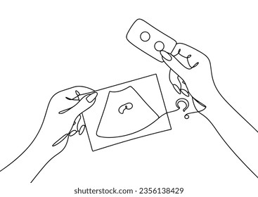 A woman holds an ultrasound scan in one hand and medical abortion pills in the other. Difficult choice. Social problem. International Safe Abortion Day. One line drawing for different uses. Vector.