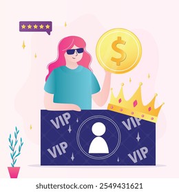 Woman holds vip card for access to private club of interest or party of people with premium status. Happy girl with golden crown, vip card, coupon giving right to privileges. Luxury female character.