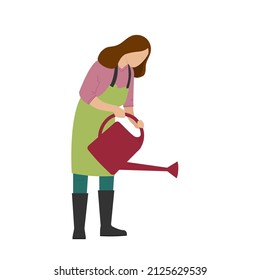 Una mujer sostiene una lata de riego. Plantas de riego para jardineras. Ilustración vectorial aislada