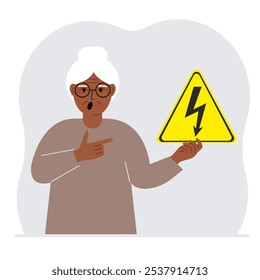 A woman holds a yellow triangular warning sign with a black lightning in his hand. The concept of the danger of electric shock or high voltage. Vector flat illustration.
