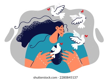 Woman with hole in body and flying doves symbolizes liberation from romantic addiction for psychological health. Concept psychological manipulation to avoid depressive disorder and mental emptiness 