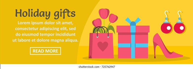 Woman holiday gifts banner horizontal concept. Flat illustration of woman holiday gifts banner horizontal vector concept for web design