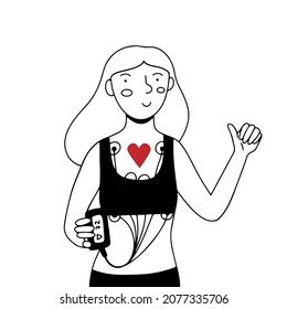 Woman With Holter Heart Monitor Device Attached On Body, Showing Thumbs Up, Flat Doodle Vector Illustration In Line Art Style