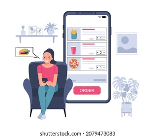 Woman in home chair ordering food from her smartphone. Vector illustration.