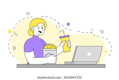 Woman in home cinema. Young girl with soda and popcorn sits in front of laptop and watches movies. Rest and leisure in apartment, entertainment. Linear vector illustration