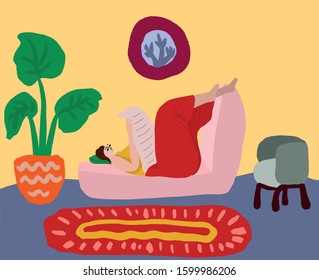 Woman in home clothes lies on a sofa at home and reads a newspaper. Rest at home. Woman daily life, everyday.  Relax. Flat modern vector illustration.
