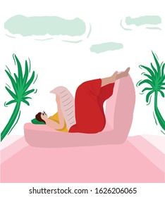 Woman in home clothes lies on a sofa outdoors among palm trees and reads a newspaper. Rest at home. Woman daily life, everyday.  Relax. Flat modern vector illustration.