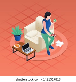 Woman home distant work concept background. Isometric illustration of woman home distant work vector concept background for web design