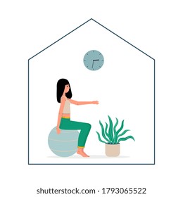 Woman at home exercising on fitness ball - cartoon girl inside house frame doing sport exercise with gym equipment and smiling. Isolated vector illustration.