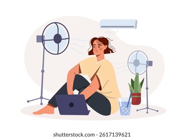 Woman with home fan. Young girl with laptop sitting near fans. Hot weather and summertime. Worker suffer from heat in summer season. Conditioning at home. Flat vector illustration