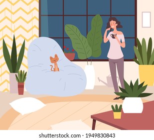 Woman in home garden. Happy female character drink tea and look at kitten. Recreation in house cute vector illustration