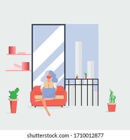 Woman  of home Lady in orange. A pink girl sitting on pink sofa working with her notebook and lamps.