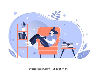 Woman at home, lying on the chair, reading books. Home library. The concept of reading paper literature. Young adult woman having a rest with good book. Girl enjoying himself at home. Vector illustrat