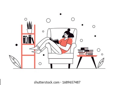 Mujer en casa, tirada en la silla, leyendo libros. Biblioteca doméstica. El concepto de lectura de la literatura de papel. Mujer adulta joven descansando con buen libro. Chica disfrutando en casa. Vector ilustrado