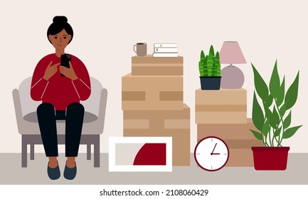 A woman at home with a mobile phone sits in a chair. The concept of online registration of delivery of boxes, goods and assistance in moving. Flat vector illustration.