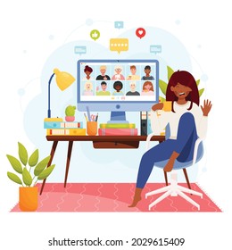 Woman at home office has online video chat conference meeting with diverse group of people. Home office workplace concept. Vector illustration.