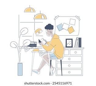 Mulher com escritório em casa. Jovem menina no apartamento senta-se com o livro na mesa. Funcionário remoto e freelancer em local de trabalho confortável. Ilustração de vetor linear isolada no plano de fundo branco