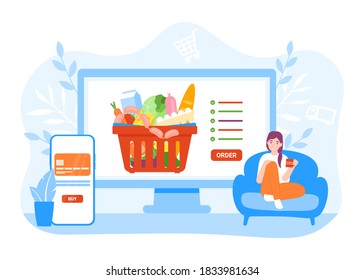 Woman at home order food use computer, food delivery concept. Phone with credit card. Flat vector illustration concept for banner, poster, layout, template, website.