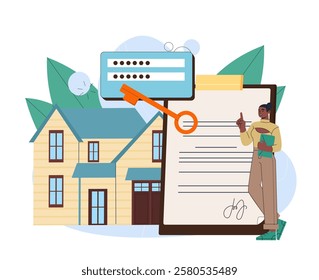 Woman with home protection. Young girl near keys and document. Private property and real estate. House insurance. Smart defending system. Safety and security. Flat vector illustration