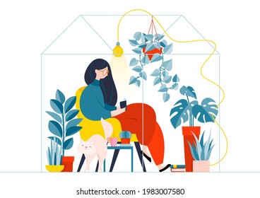 Woman at home reading a book in chair. Girl sitting in chair reading interesting book, or studying. Crazy plant lady. Vector illustration isolated on white background