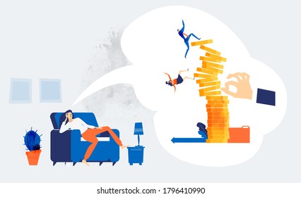 Woman at home receiving the news about recession, economy and financial fall. Business man falling from the top of  coin stags. Recession, crisis, economy and financial fall concept illustration