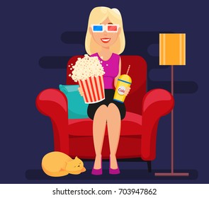 Woman at home sitting on comfortable armchair and watching movie in 3D-glasses. Stylized cartoon character. Vector illustration