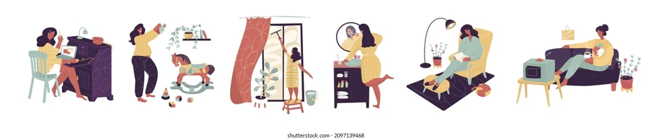 Woman at home situations. Pregnant, Washing window, Work at home, freelancer, cleaning, childish room, wood horse, bathroom, reading books. Vector illustration. Social media design. Isolated. 