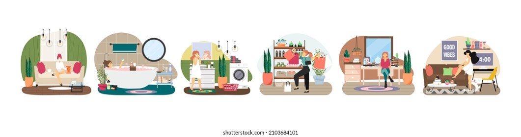 Woman home skin care procedures, vector illustration. Bath, face mask, body cream. Hygiene beauty daily skincare routine