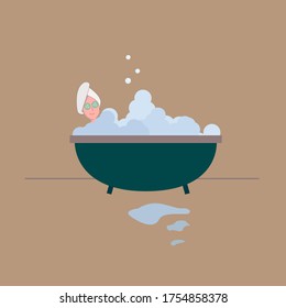 A woman in a home Spa. A woman in the bathroom makes a face mask. A girl in a bubble bath with a towel on her head is resting. Self-care. Women's beauty rituals. Vector illustration