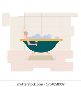 Woman in a home Spa. Woman rests after work with a glass of wine in the bathroom. The girl takes a bath and makes a face mask. Stylish bathroom interior. Vector illustration