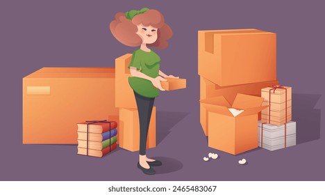 Woman with home stuff in box. Move with package to new house or office concept illustration. Container stack for delivery and female character set. Relocation furniture and moving. Belongings to sell