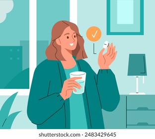 Woman at home taking medical pill correctly with glass water. Vector illustration.
