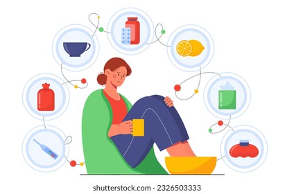Woman with home treatment icons concept. Healthcare and fight against cold and flu, influenza. Lemon and pills. Thermometer and mug with hot drink, tea. Cartoon flat vector illustration