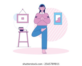 Woman at home using headphones for calm music doing yoga mediation at home in casual clothes. Character design. Vector flat illustration