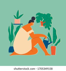 Woman at home watering house plants, leisure indoor activity during period of coronavirus quarantine, self isolation and social distancing illustration.