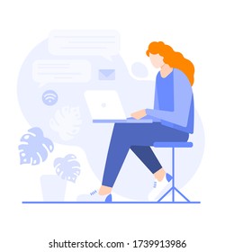 Woman at home working with laptop. Vector character in the room. Online education, internet surfing