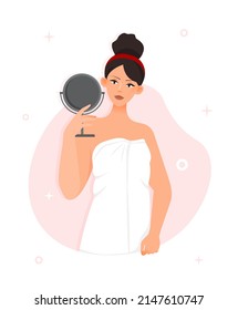 Mujer en casa. Una niña en toalla mira al espejo. Tratamientos de belleza y spa, cuidado de la piel, juventud, belleza e higiene. Confort y comodidad en el apartamento, baño. Dibujo vectorial plano de dibujos animados