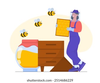 Mujer con abejas de miel. Muchacha joven en uniforme protector en colmenar con abejas. Tarro de cristal con panales. Agricultura y ganadería. Ilustración vectorial plana aislada sobre fondo blanco