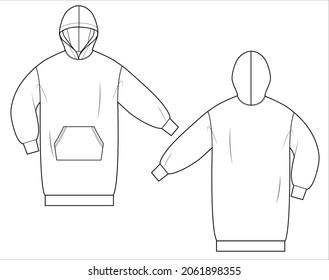 Woman hoodie dress in vector graphic Oversize dropped shoulders hoodie dress and volume sleeves  patch pocket  drawstring hood   cord Fashion isolated  illustration template Scheme front   back