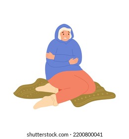 Woman in hoodie sitting on blanket and freezing with dissatisfied face. Crisis and economy concept. Isolated female character in flat style. Cold season. Vector illustration.