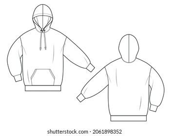 Woman hoodie in vector graphic 
Oversize dropped shoulders longline hoodie and volume sleeves  patch front pocket  drawstring hood  cord Fashion isolated  illustration template Scheme front   back