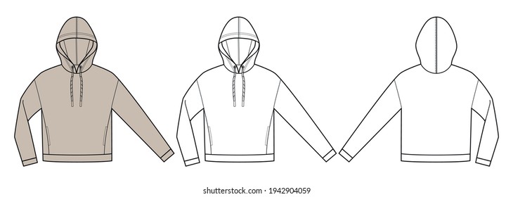 Woman  hoodie in vector graphic 
Sport hoodie and drawstring hood  pockets   cords  Fashion isolated  illustration template Scheme front   back views 