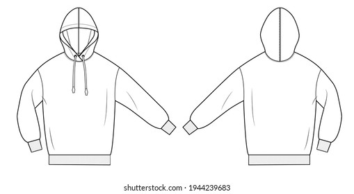 Woman hoodie in vector graphic  Volume longline hoodie and drawstring hood   cords  Fashion isolated illustration template Scheme front   back views 