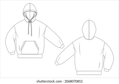Woman hoodie in vector graphic Volume oversize furr hoodie and volume sleeves  patch pocket; drawstring hood   cords Fashion isolated  illustration template Scheme front   back views 