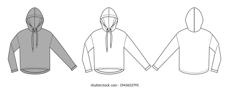 Woman  hoodie in vector graphic High low sport hoodie and cuffs  drawstring hood   cords  Fashion isolated  illustration template Scheme front   back views 