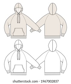 Woman hoodie in vector graphic Volume longline hoodie and  volume raglan sleeves  patch front pocket drawstring hood   wide cords Fashion isolated  illustration template Scheme front   back views