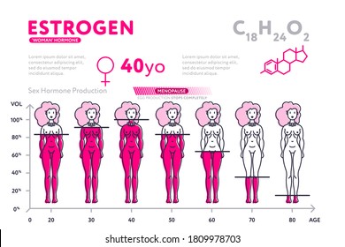 Woman Hormones Chart. Female Sex Estrogen Hormone Production Levels By Age Scientific Infographic With Human Body. Medical Education, Menopause Diagram, Biology, Health Vector Illustration